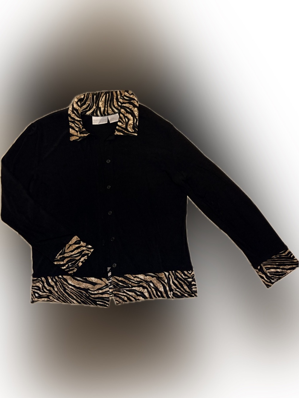 VTG Worthington Essentials Black Button-Down Shirt with Gold Zebra Trim